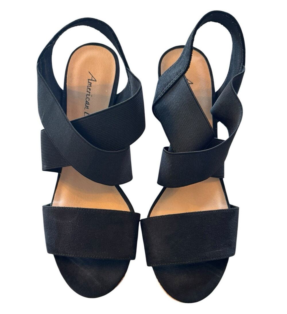 American Eagle Women’s Black Velvet Strappy Slingback Wedge Sandals US 8.5